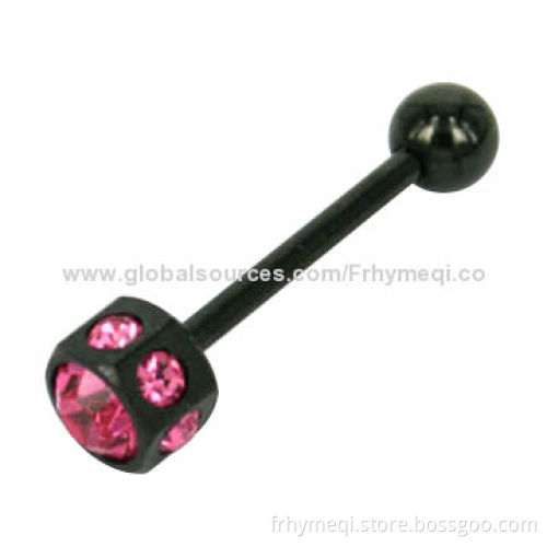 316L Stainless Steel Titanium-plated Crystal Tongue Ring, Nickel and Lead-free, OEM Orders Accepted